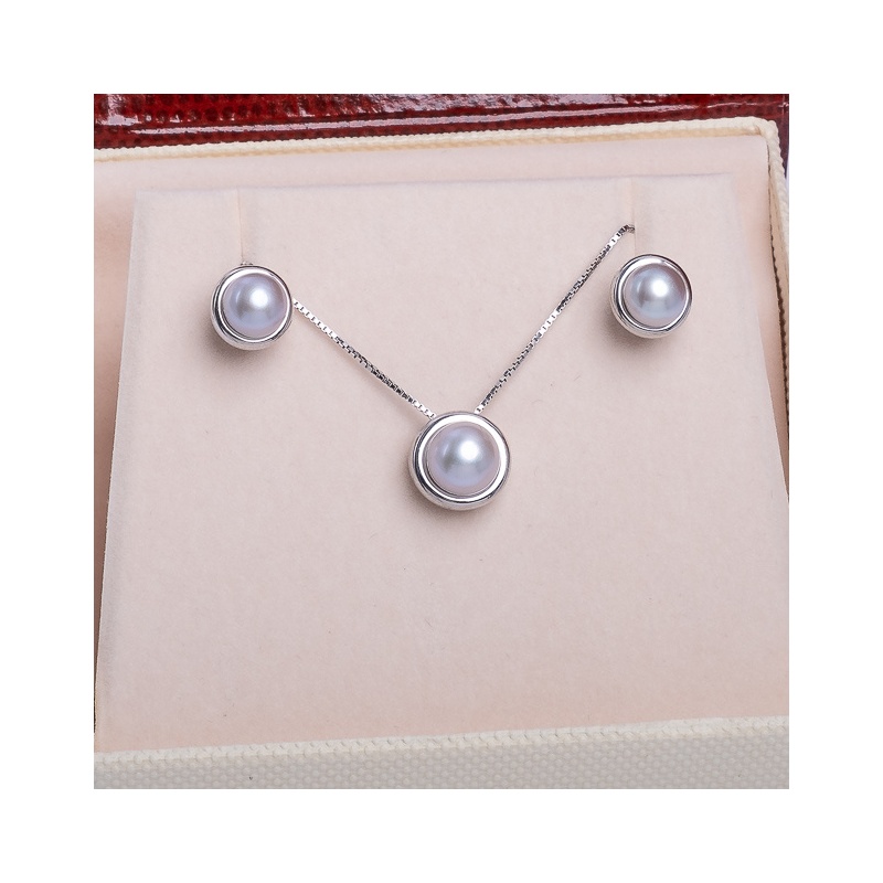 Set Ohrringe und Anhänger, 6-7mm und 7-8mm Zuchtperlen, grau, Silber