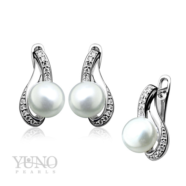 Ohrringe, 7-8 mm weiße Zuchtperlen, Silber, Zirkonia
