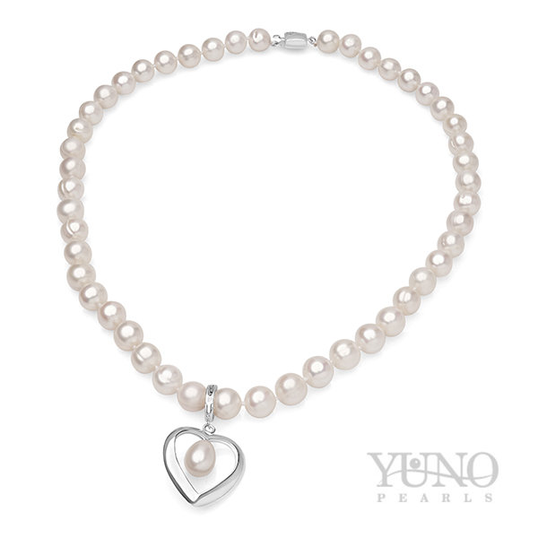 Collier 8-9mm Zuchtperlen, weiß, abnhembarer Anhänger, Silber, 45cm