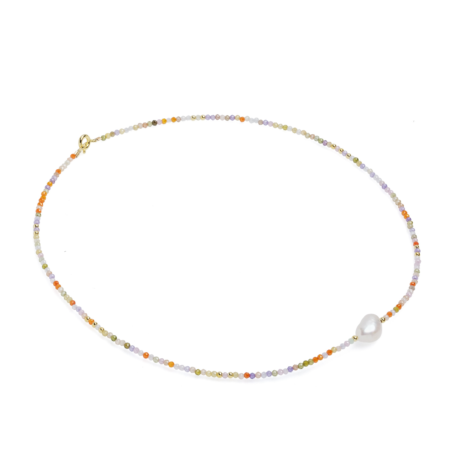 Collier, ovale Zuchtperle, weiß,2mm Spinnell mix, vergoldeter Verschluss