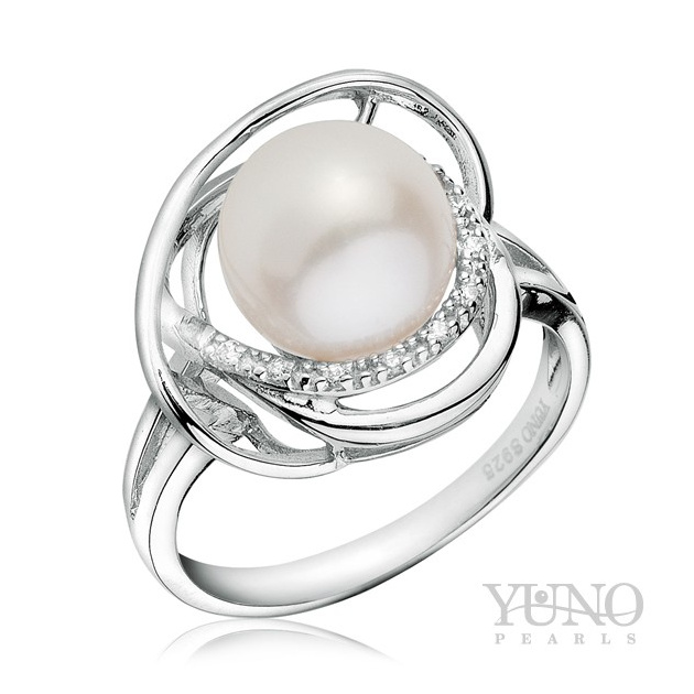 Ring weiße 9-10mm Zuchtperle, Zirkonia, Silber